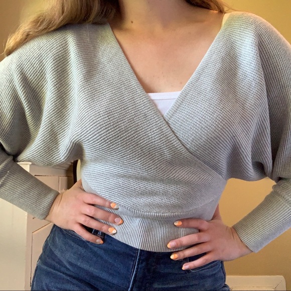 ❌SOLD❌NWT Dynamite Faux wrap deep v-neck grey sweater - Picture 2 of 4
